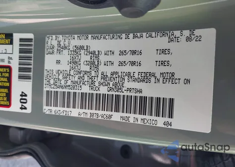 2022 Toyota Tacoma Trd Off Road из США, поврежденный, VIN 3TMCZ5AN6NM520315